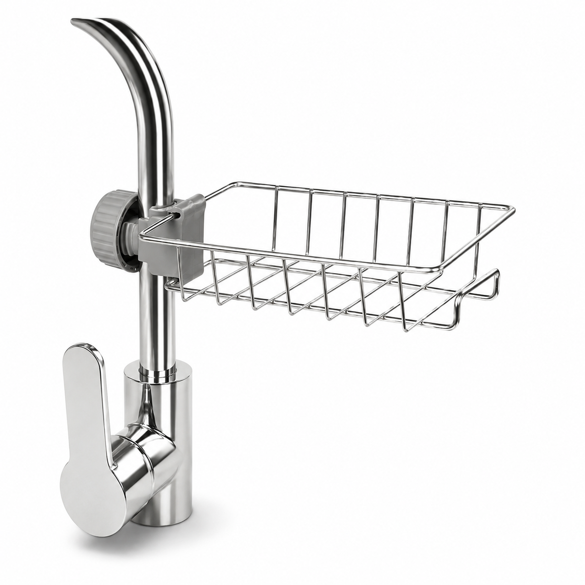 The sponge and soap rack fitted to a chrome kitchen tap, shown against a plain white background