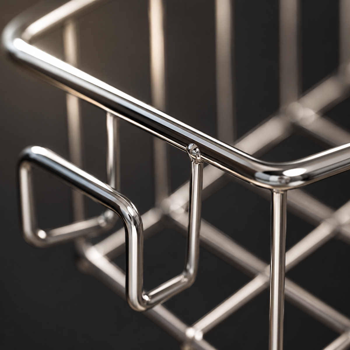 Close-up of the chrome wire frame and the two hooks on the underside of the rack