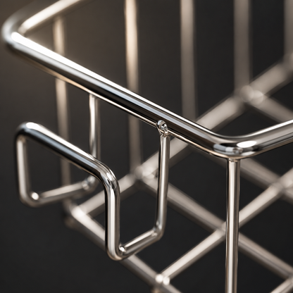 Close-up of the chrome wire frame and the two hooks on the underside of the rack
