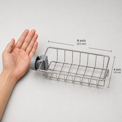The rack next to an open hand for scale, labelled 9 inch (23 cm) long and 4 inch (10 cm) deep