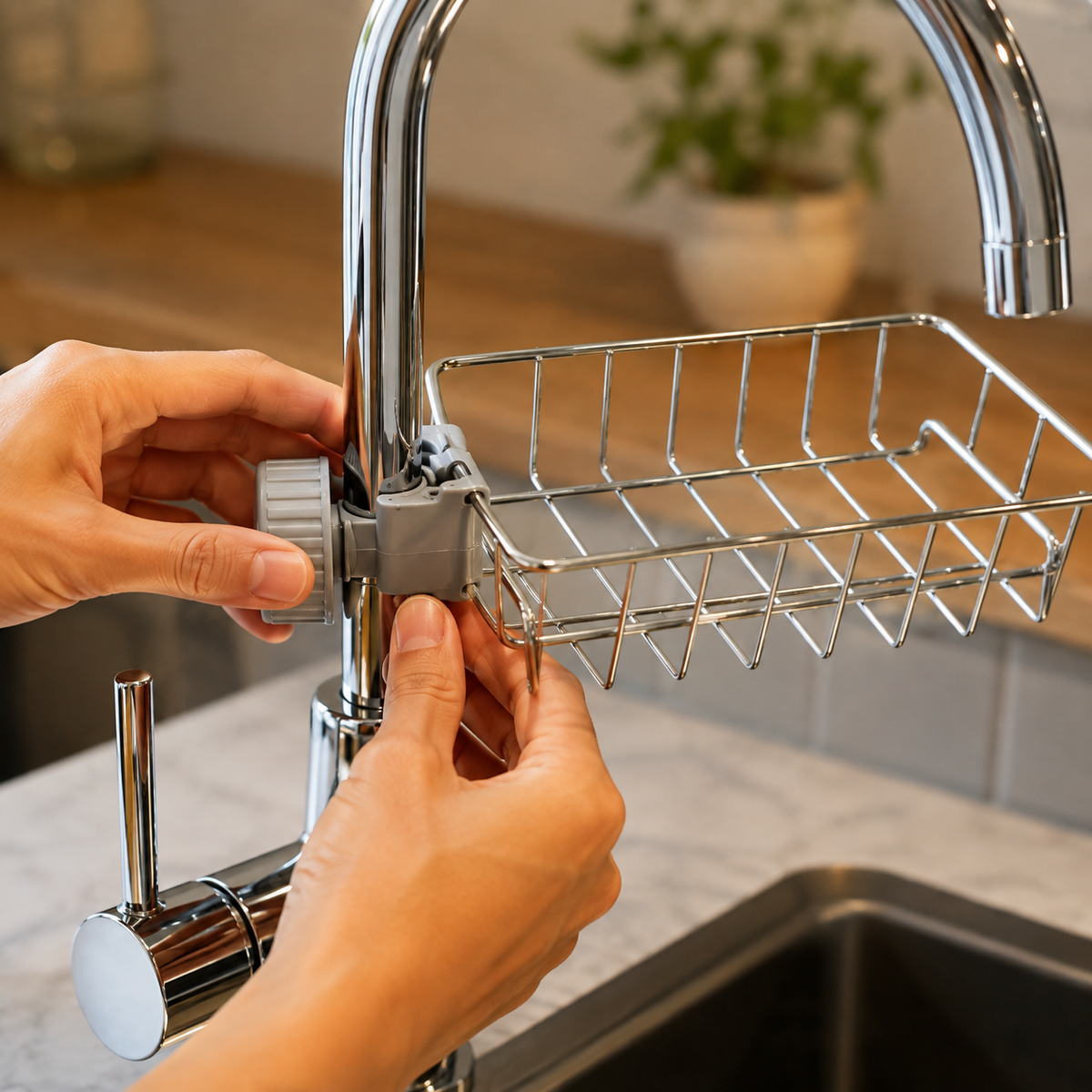 Two hands fitting the rack to a kitchen tap and tightening the ridged clamp wheel by hand