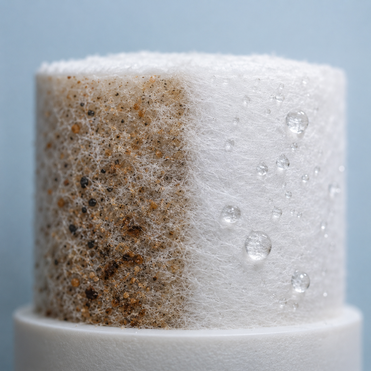 Close-up of the filter fabric, half loaded with trapped brown sand and grit, half clean with water beading on it