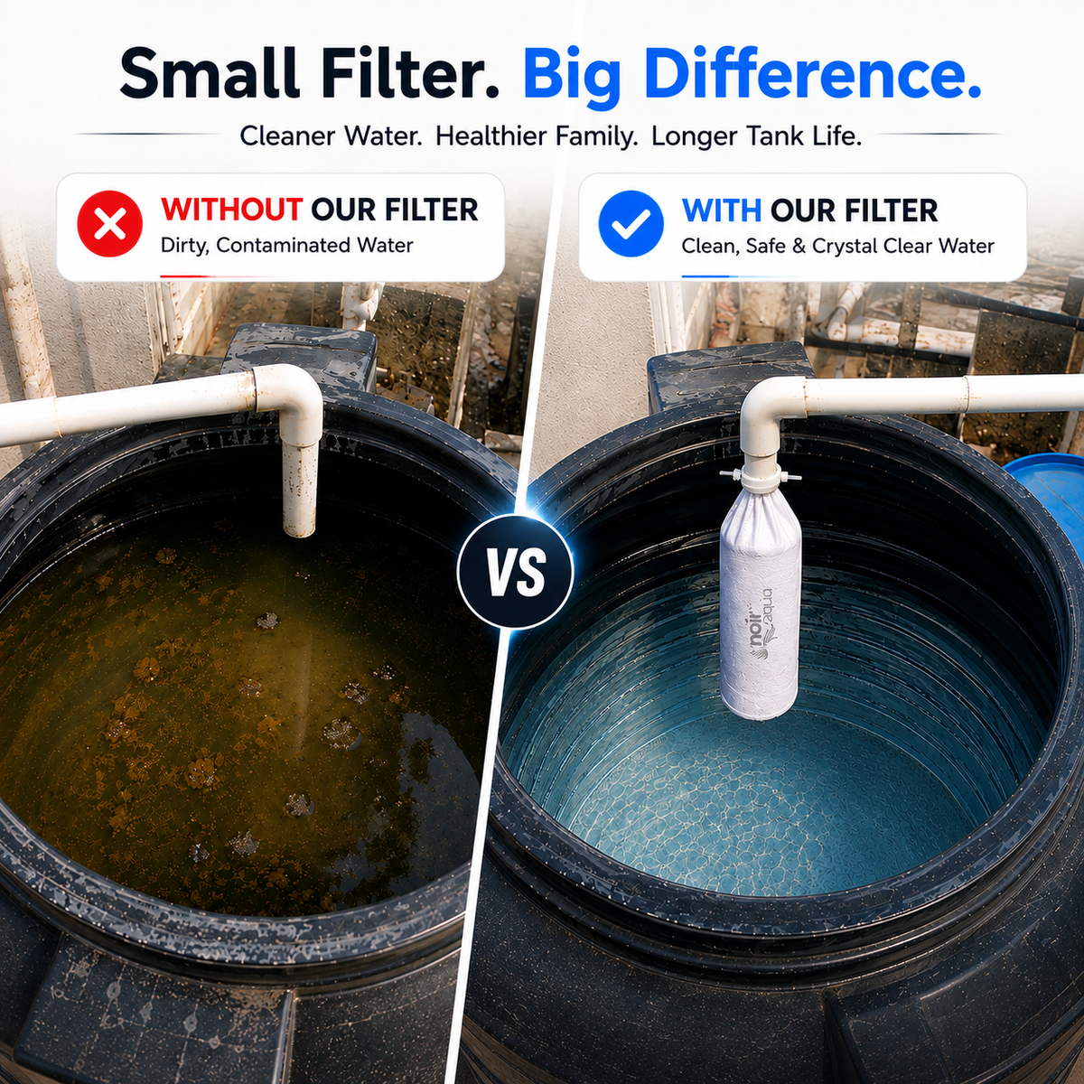 Side-by-side comparison of two water tanks: brown, sediment-filled water without the filter, and clear water with the filter fitted