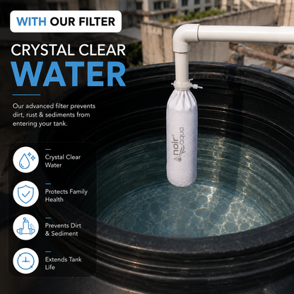 The filter bag fitted to a tank inlet above clear water, with four labelled benefits: crystal clear water, protects family health, prevents dirt and sediment, extends tank life