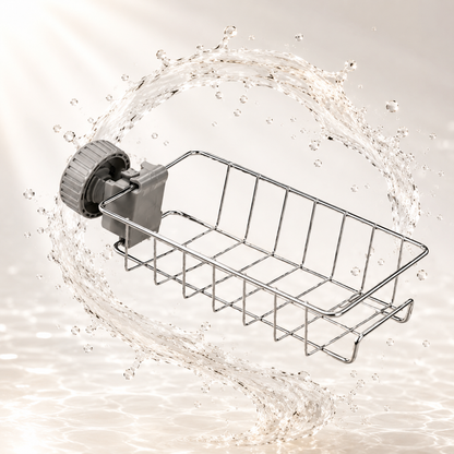 The stainless steel rack surrounded by a swirl of water, showing its open wire base