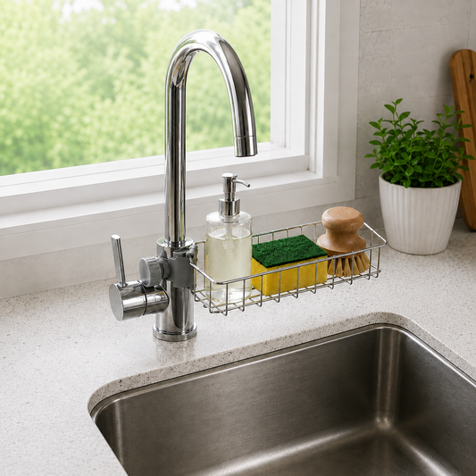 The stainless steel rack clamped to a kitchen tap beside a window, holding a soap dispenser, a green sponge and a wooden dish brush over the sink