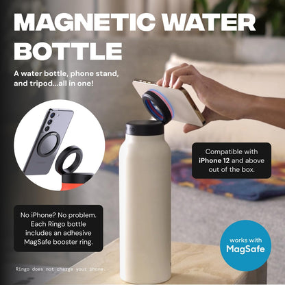 Close-up of the magnetic phone mount and booster ring on the Illegal Soup water bottle