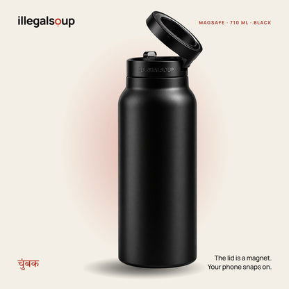 illegalsoup MagSafe water bottle in black with the magnetic lid flipped open