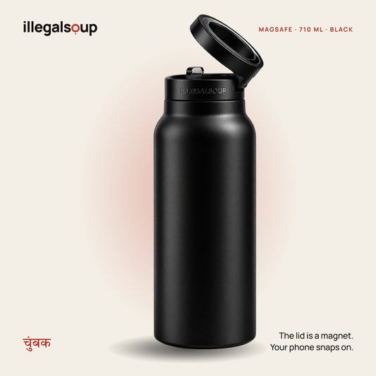 illegalsoup MagSafe water bottle in black with the magnetic lid flipped open