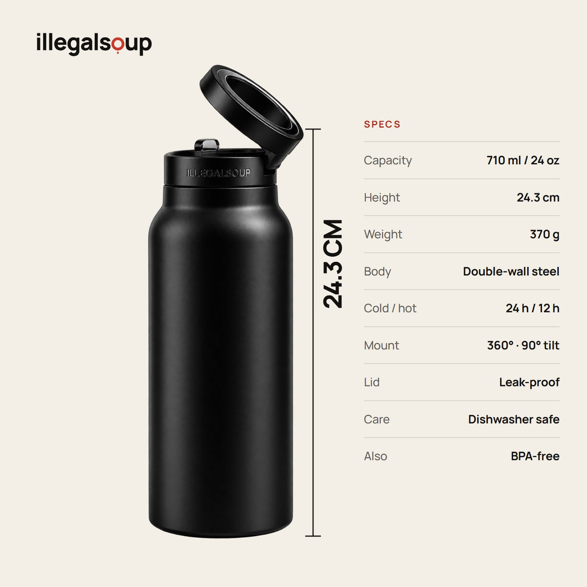 Bottle dimensions and specifications: 710 ml, 24.3 cm tall, 370 g