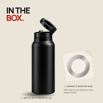 In the box: the bottle with magnetic lid and one magnetic booster ring
