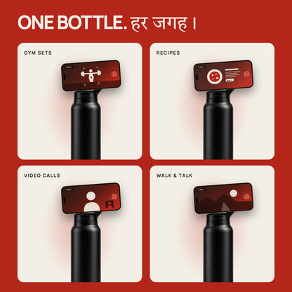 The bottle holding a phone for gym sets, recipes, video calls and walking vlogs